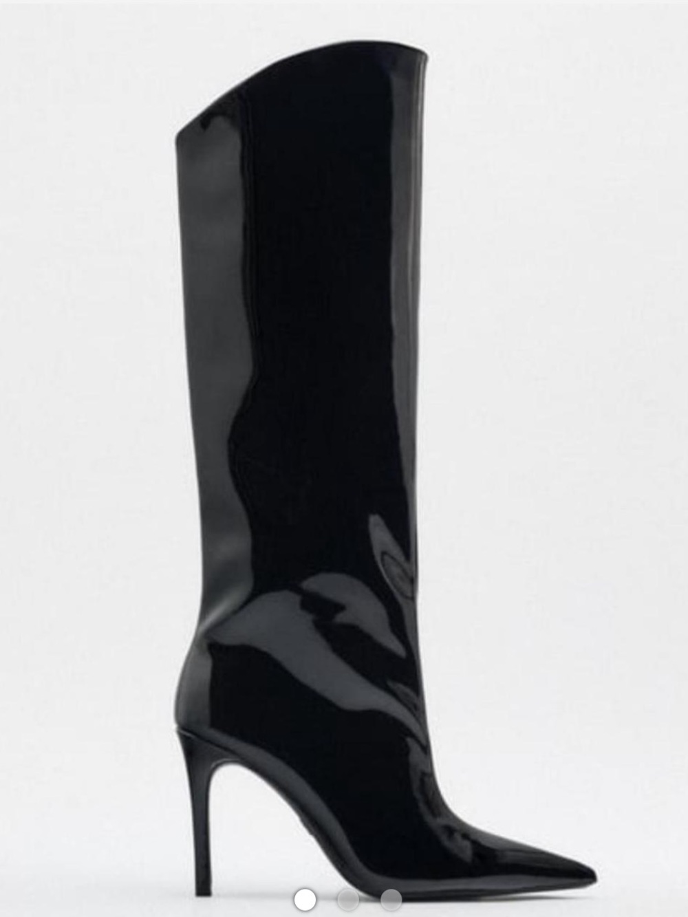 Zara Heeled Knee High Pointy Toe Black Patent Leather Stiletto Boots, Size 40